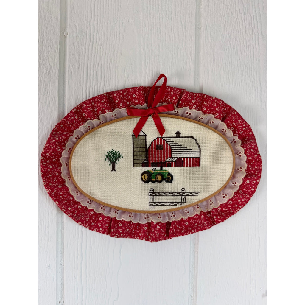 Vintage Handmade Cross Stitch Farm Barn Tractor Wall Hanging Folk Art Cottage
