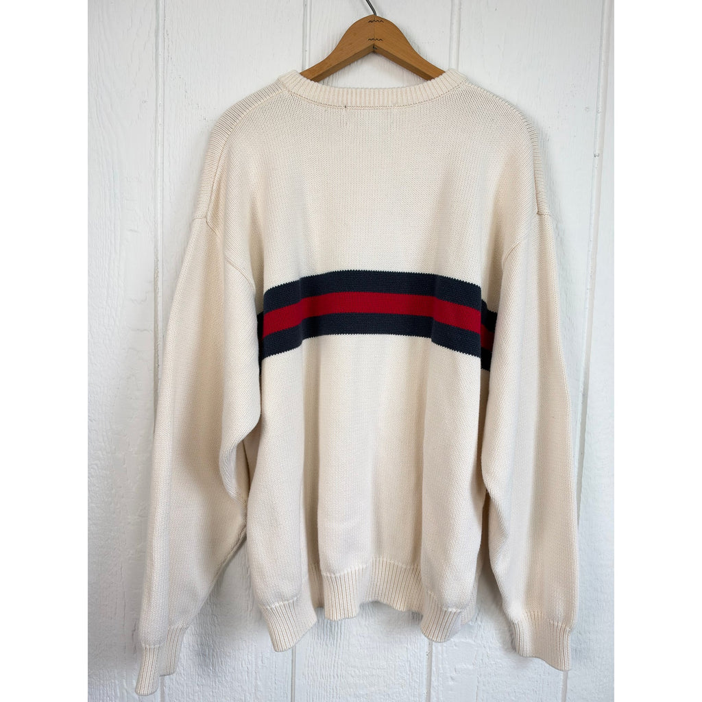 Vintage Croft & Barrow Cream Navy Red Stripe Cotton Knit Sweater Preppy 90s XL