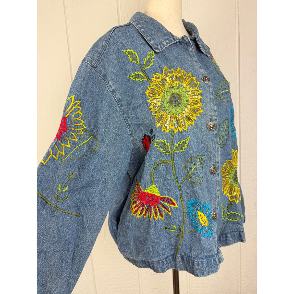 Vintage 90s Tantrums Embroidered Sunflower Denim Jacket Large Sequin Floral Boho