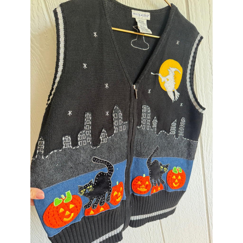 Vintage Embroidered Halloween Sweater Vest Zip Cats Pumpkins Witch Moon LG