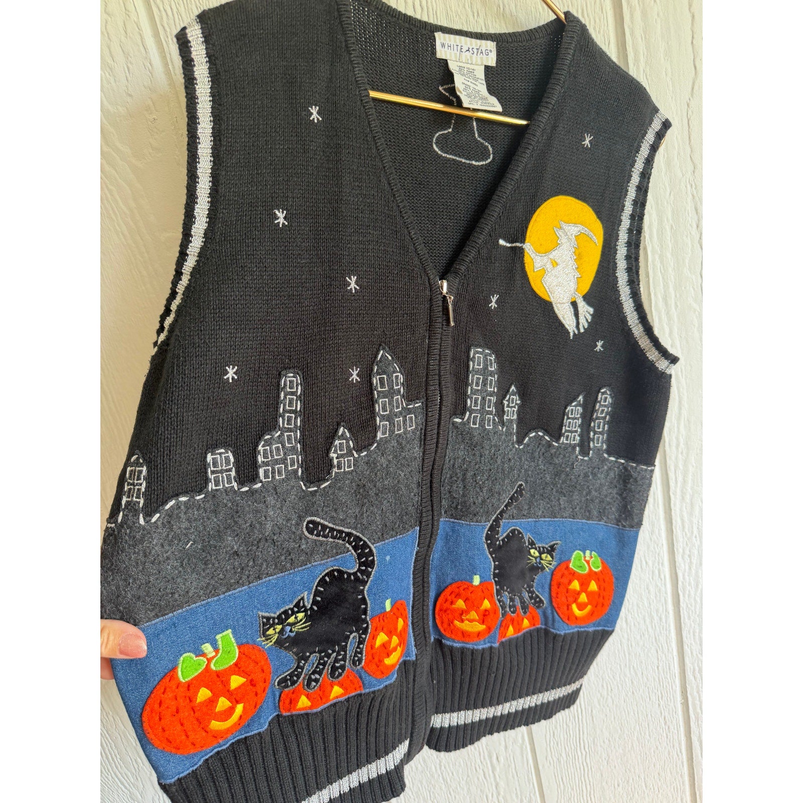 Vintage Embroidered Halloween Sweater Vest Zip Cats Pumpkins Witch Moon LG