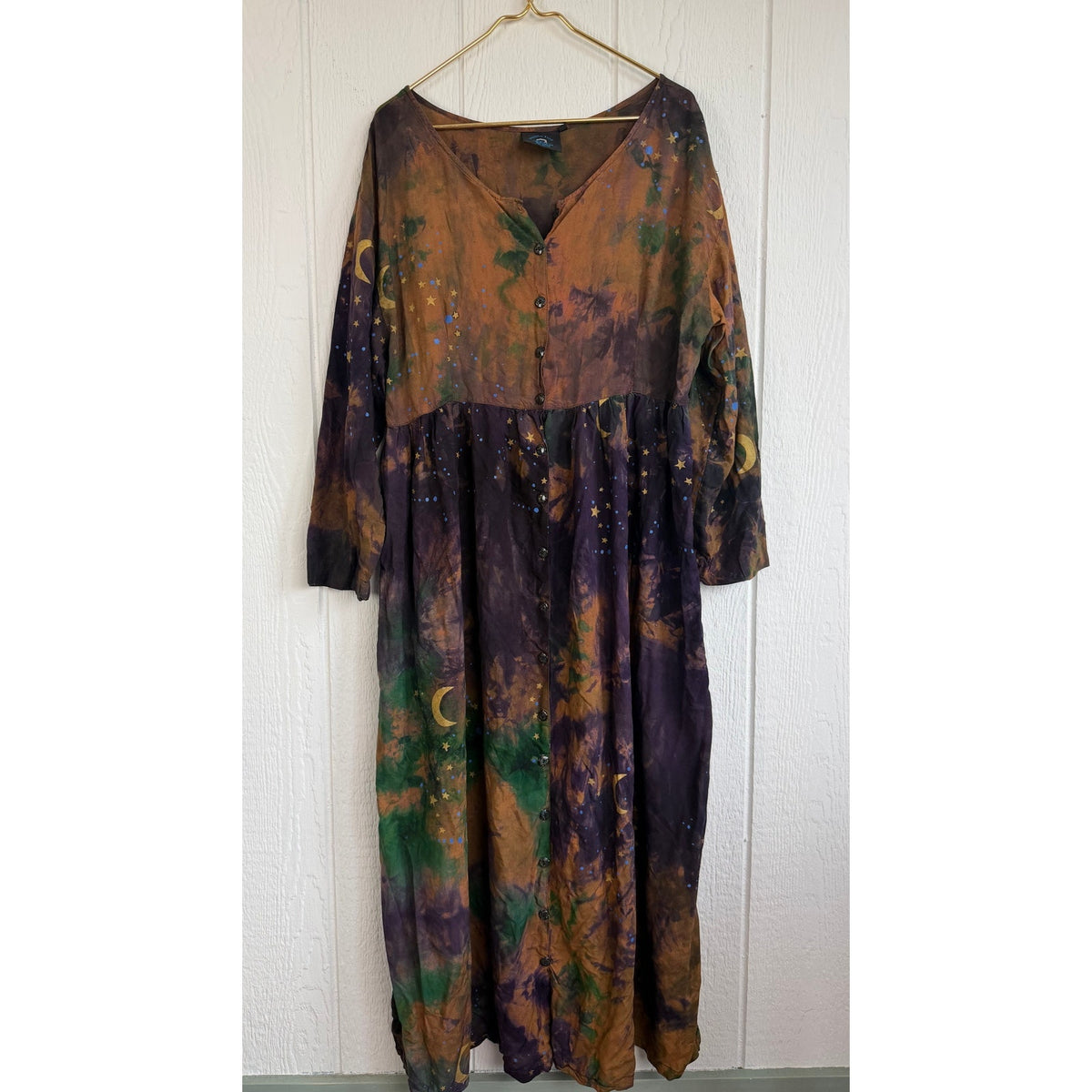 Vintage Celestial Moon Stars Tie Dye Maxi Dress L/XL Rayon Witchy Boho