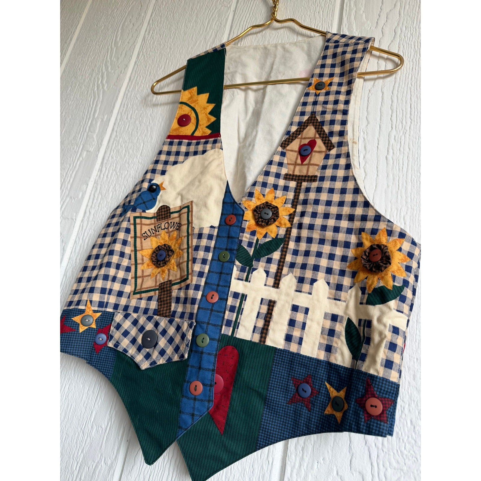 Vintage Sunflower Patchwork Vest Folk Art Garden Applique Cottagecore Vest