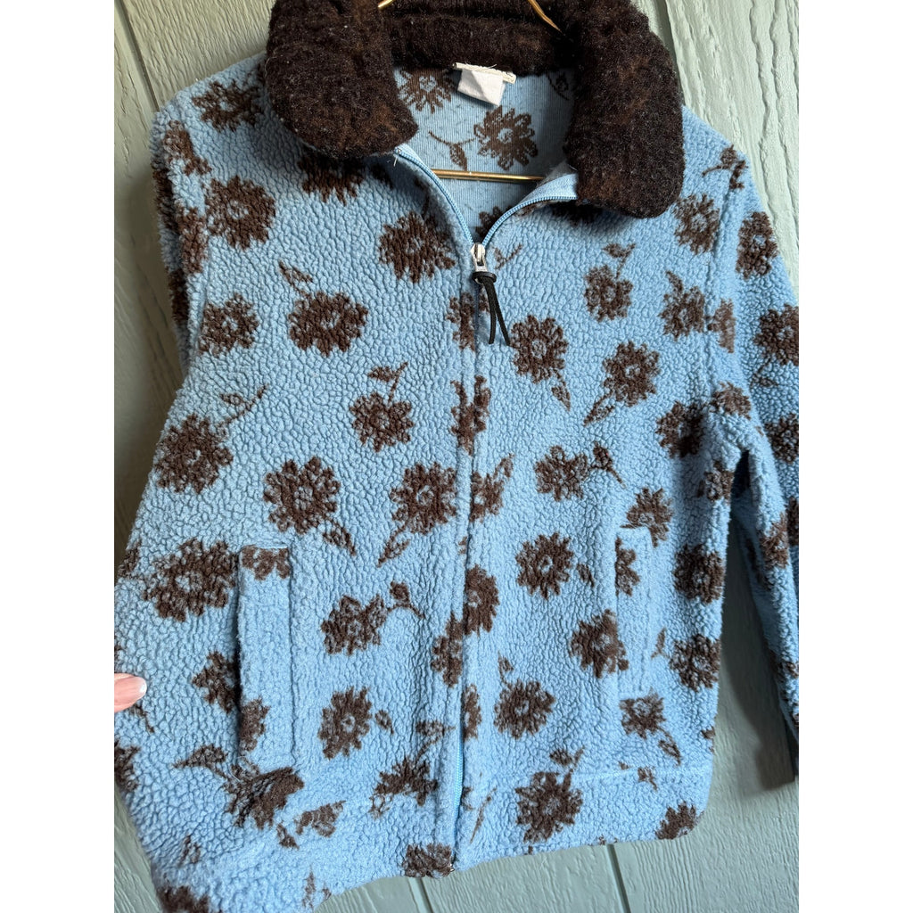 Vintage Floral Sherpa Fleece Jacket Women’s Blue Brown Zip Front Cozy Small