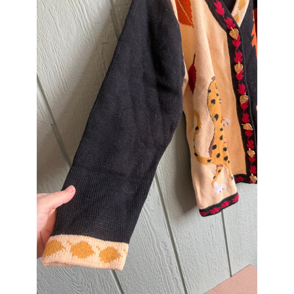 NWT Vintage Storybrook Knits Fall Animal Cardigan Leopard Fox Leaves Sweater L
