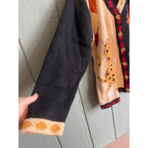 NWT Vintage Storybrook Knits Fall Animal Cardigan Leopard Fox Leaves Sweater L