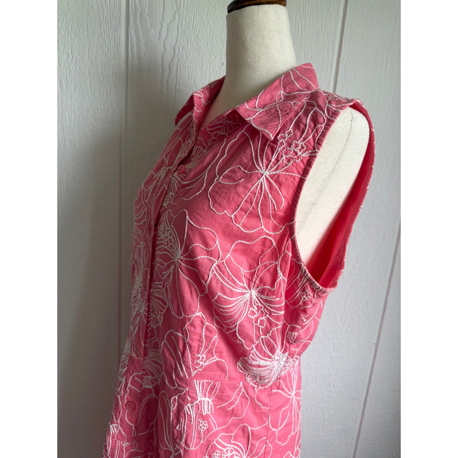 Vintage Liz & Co Pink Floral Embroidered Sleeveless Shirt Dress Size 10