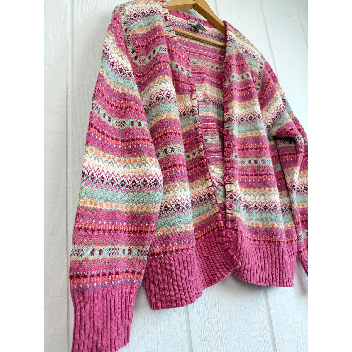 Vintage Tiara Fair Isle Cardigan Sweater Pink Pastel Nordic Cottagecore 14/16