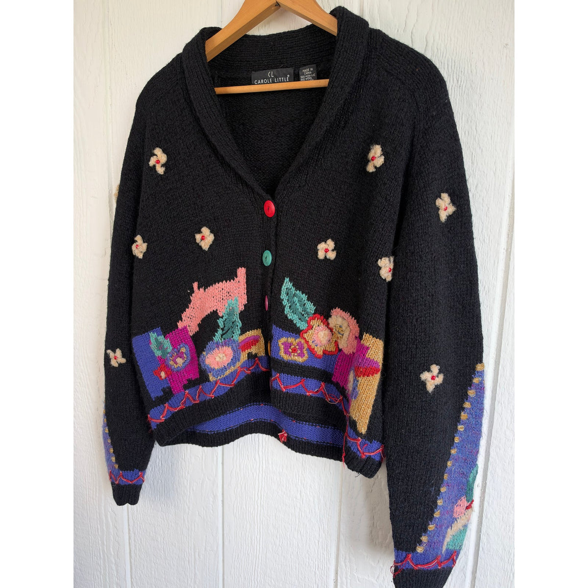 Vintage Carole Little Funky Floral Cardigan 90s Whimsigoth Wearable Art Sweater