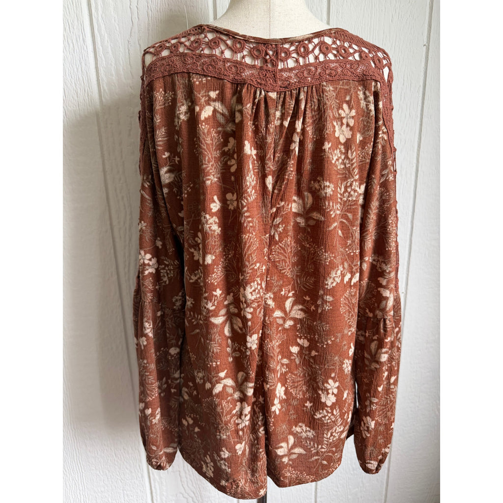 Y2K Boho Floral Peasant Top Medium Brown Crochet Lace Balloon Medium