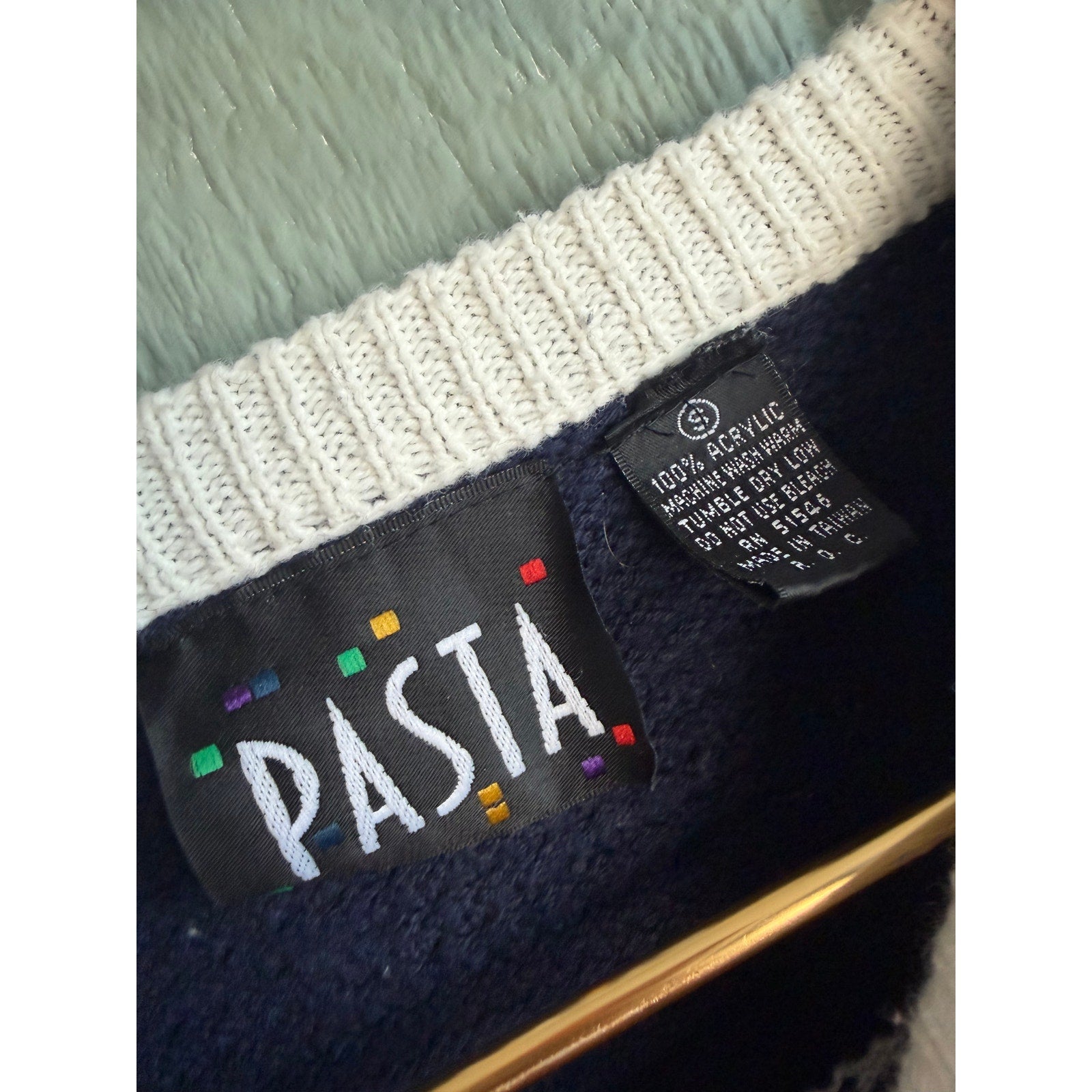 Vintage 90s Pasta Patterned Knit Sweater | Navy & Cream | Cozy Oversized Fit, SM
