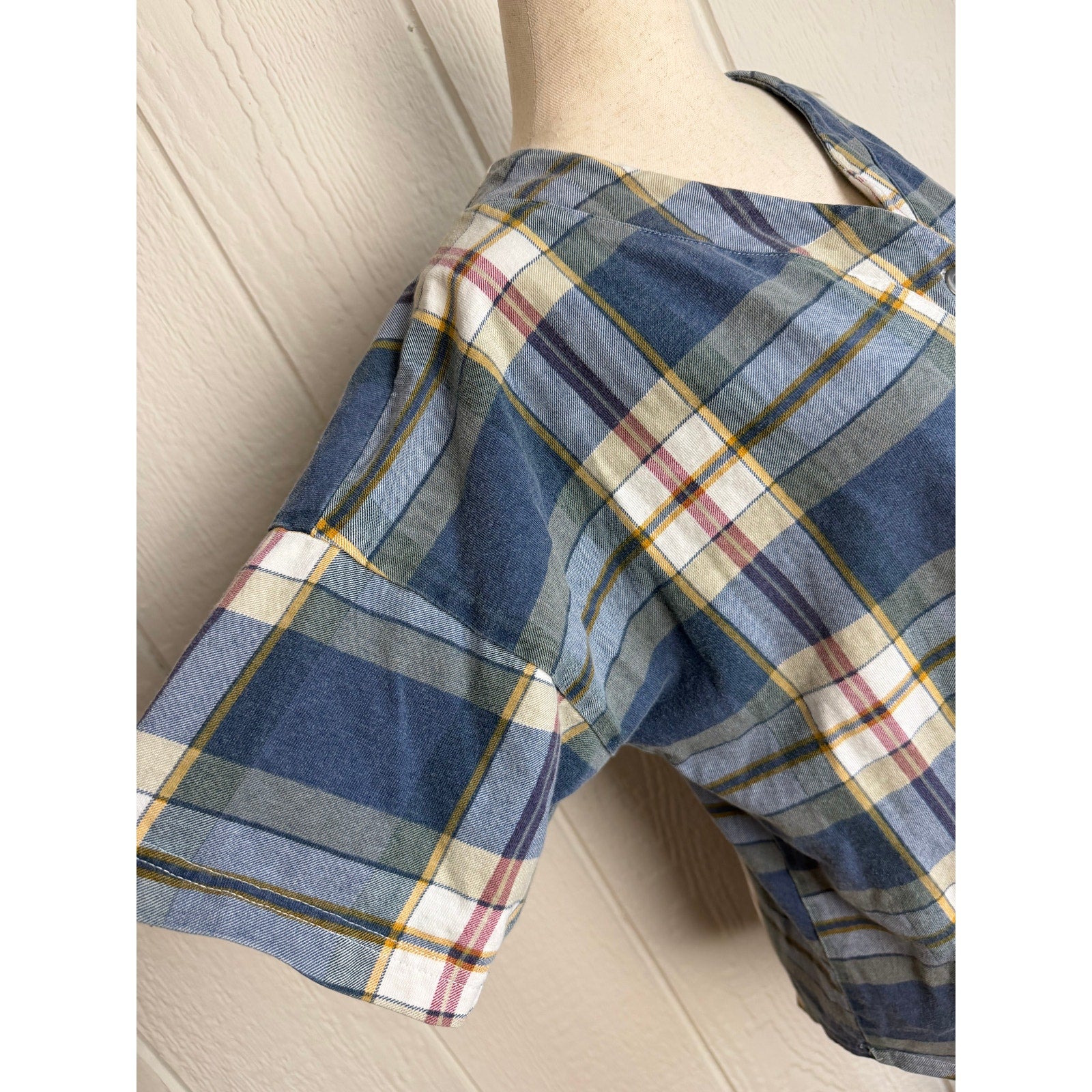 Vintage Honors Plaid Henley Shirt Women’s Oversized Blue Cottagecore Grunge Top