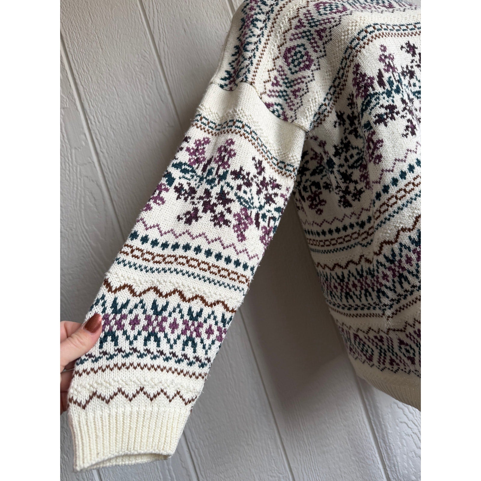 Vintage 90s Braun Style Nordic Fair Isle Sweater Oversized Cream Cottagecore SM