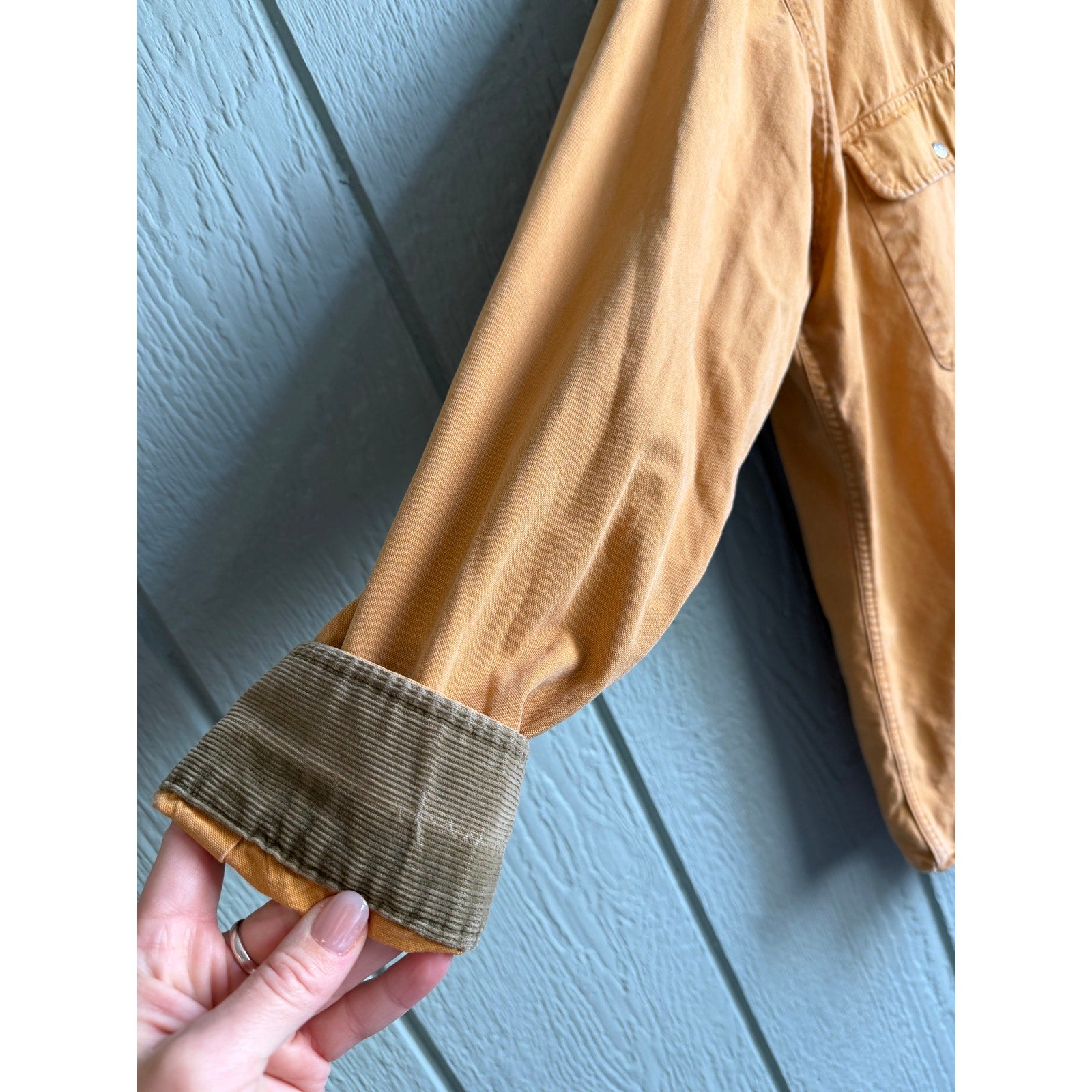 Vintage L.L.Bean Canvas Chore Shirt Jacket Tan Corduroy Collar USA Made 90s