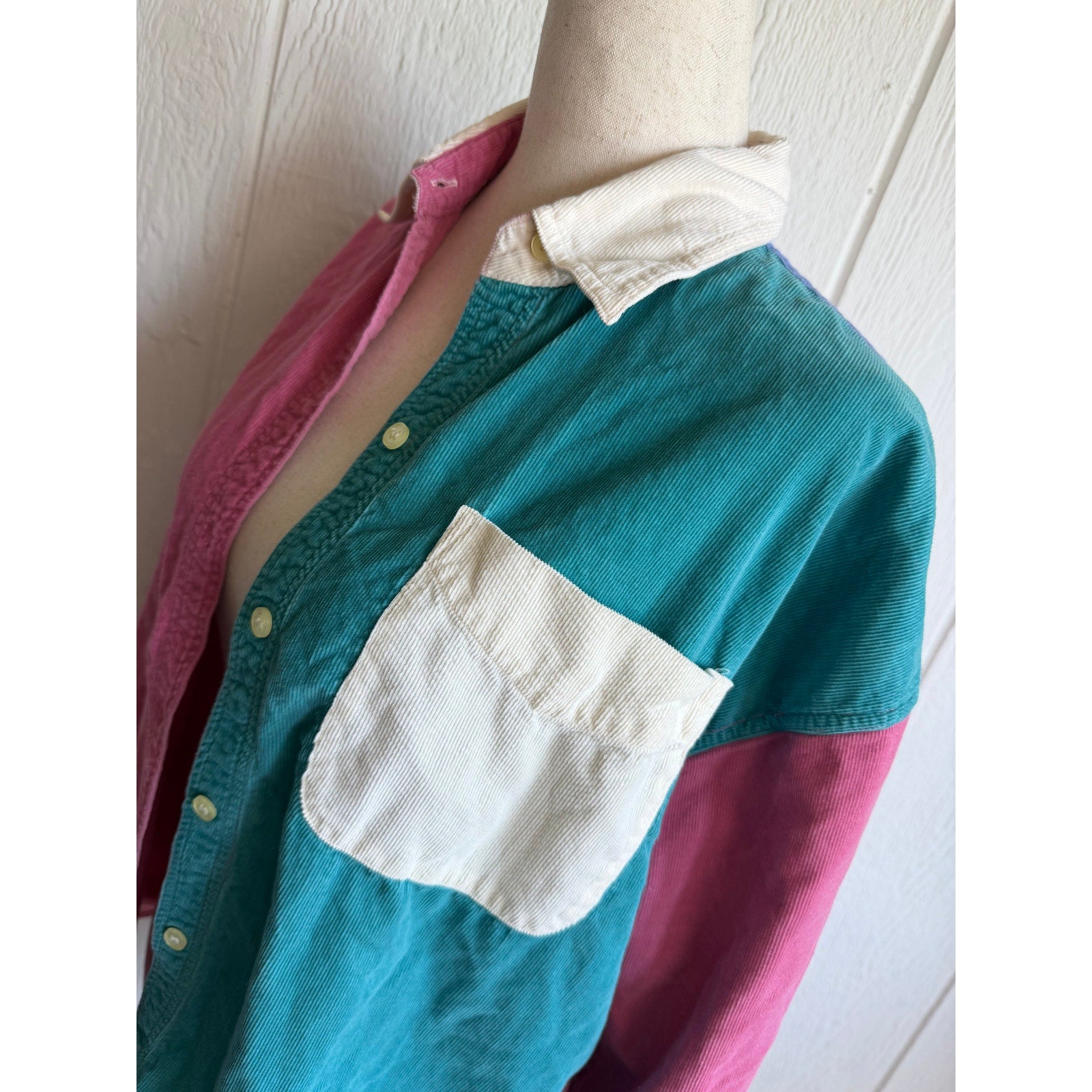 Vintage Colorblock Corduroy Button Down Shirt Pink Teal Retro 90s Medium