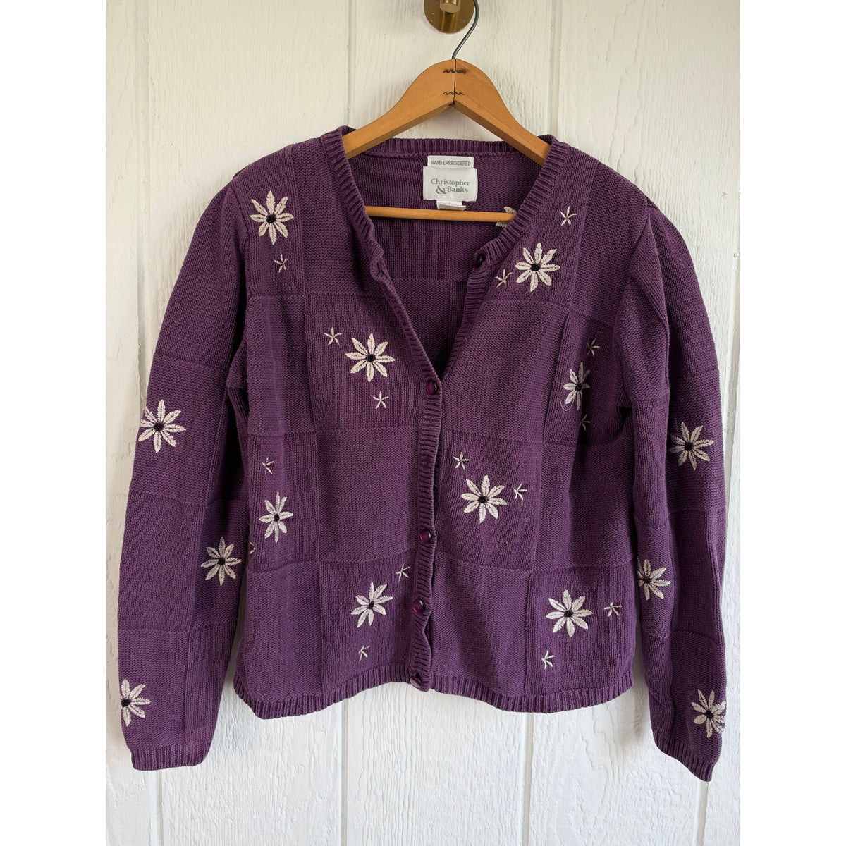 Vintage 90s Purple Daisy Embroidered Patchwork Cardigan Size S Cottagecore