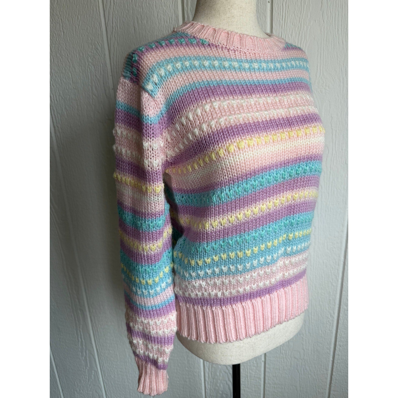 Vintage Pastel Stripe Knit Sweater Textured Cottagecore 90s Medium