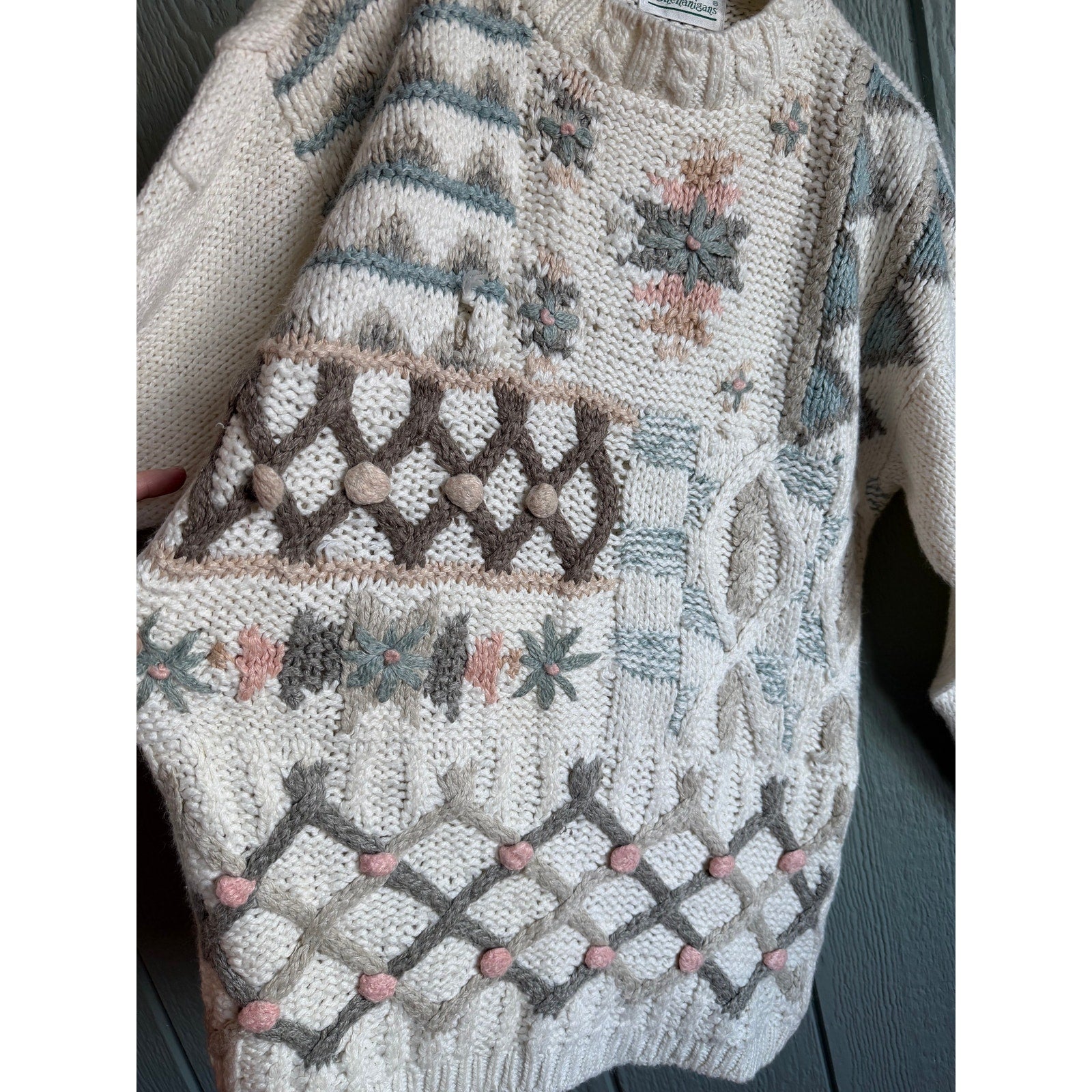 Vintage 90s Hand-Knit Patchwork Sweater Cottagecore Medium