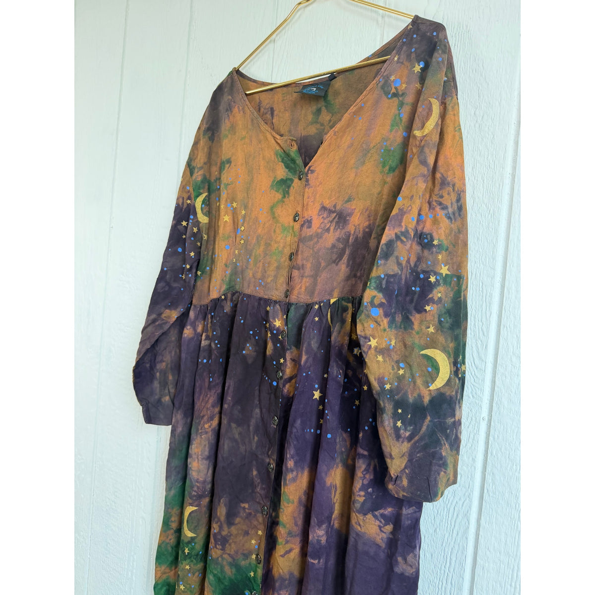 Vintage Celestial Moon Stars Tie Dye Maxi Dress L/XL Rayon Witchy Boho