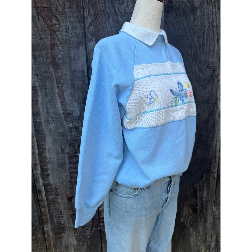 Vintage 90s Butterfly Knit Panel Collared Sweater, Small