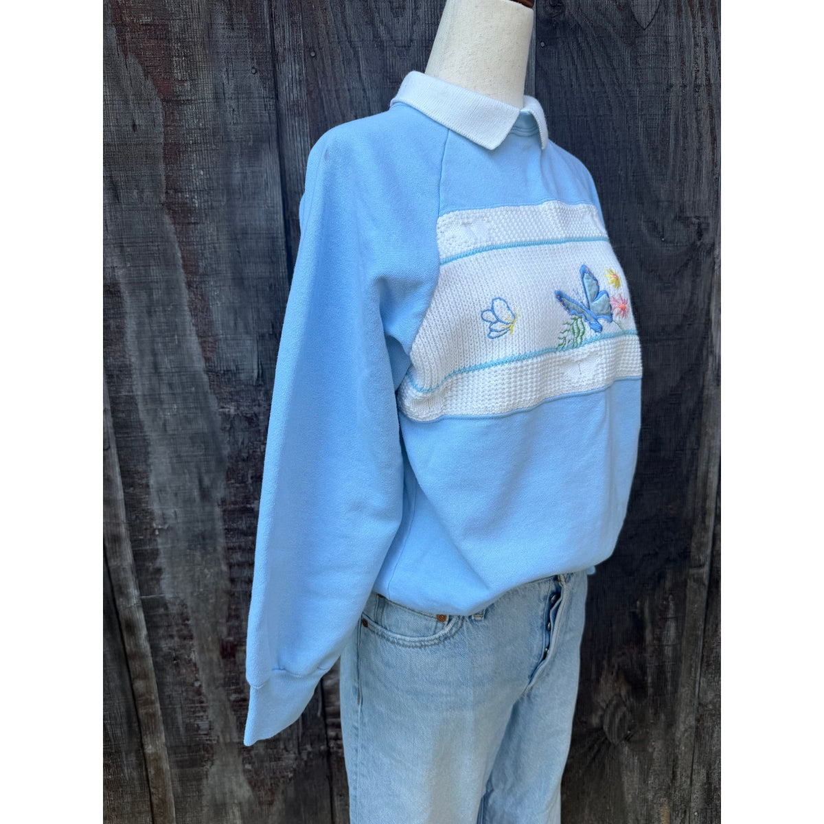 Vintage 90s Butterfly Knit Panel Collared Sweater, Small