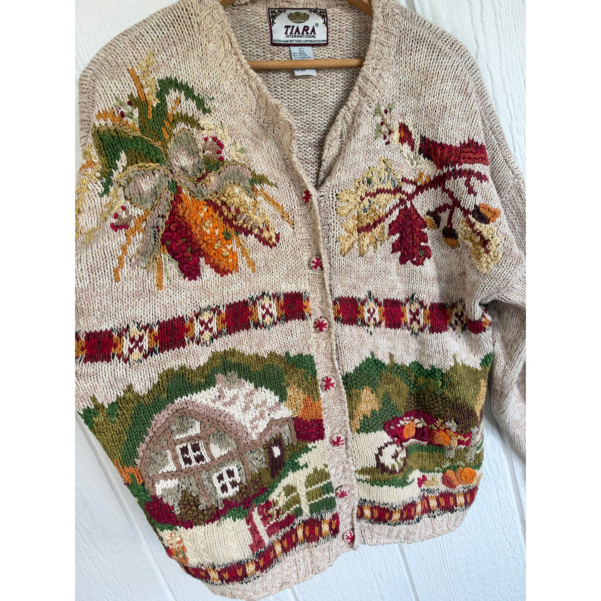 Vintage 90s Tiara International Chunky Knit Cottage Sweater Fall Scenic Large