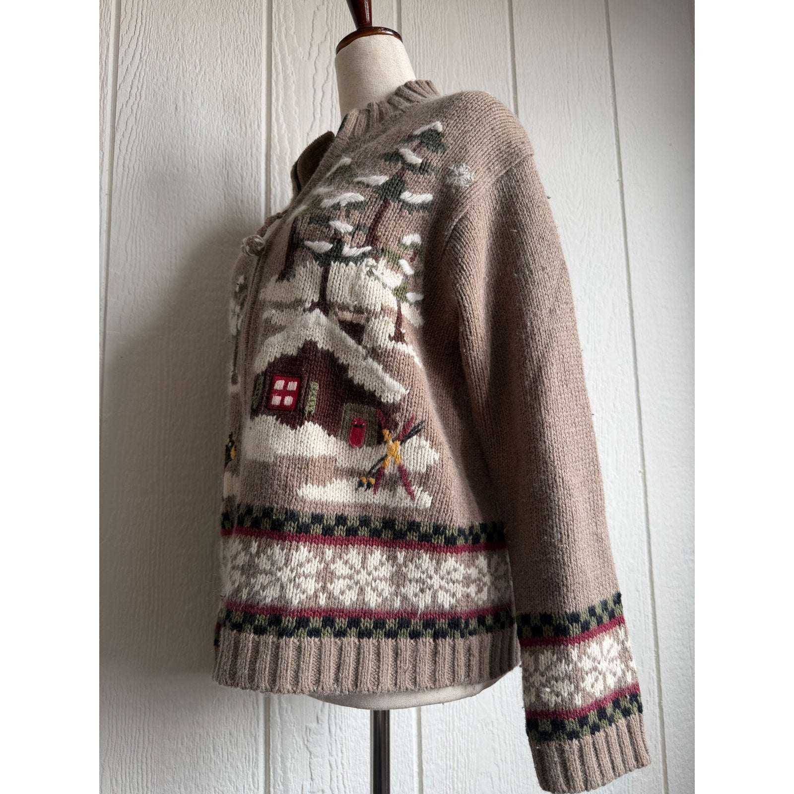 Vintage 90s Cabin Sweater Medium Bear Snow Scene Full Zip Angora Blend