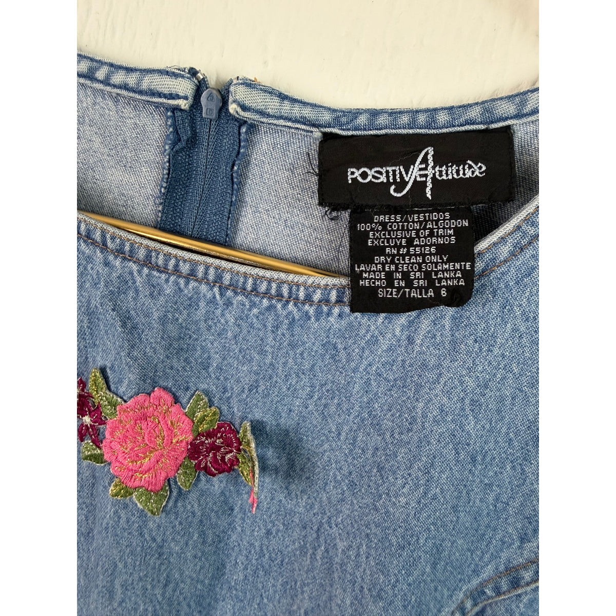 Vintage 90s Positive Attitude Denim Mini Dress Size 6 Floral Embroidered Y2K