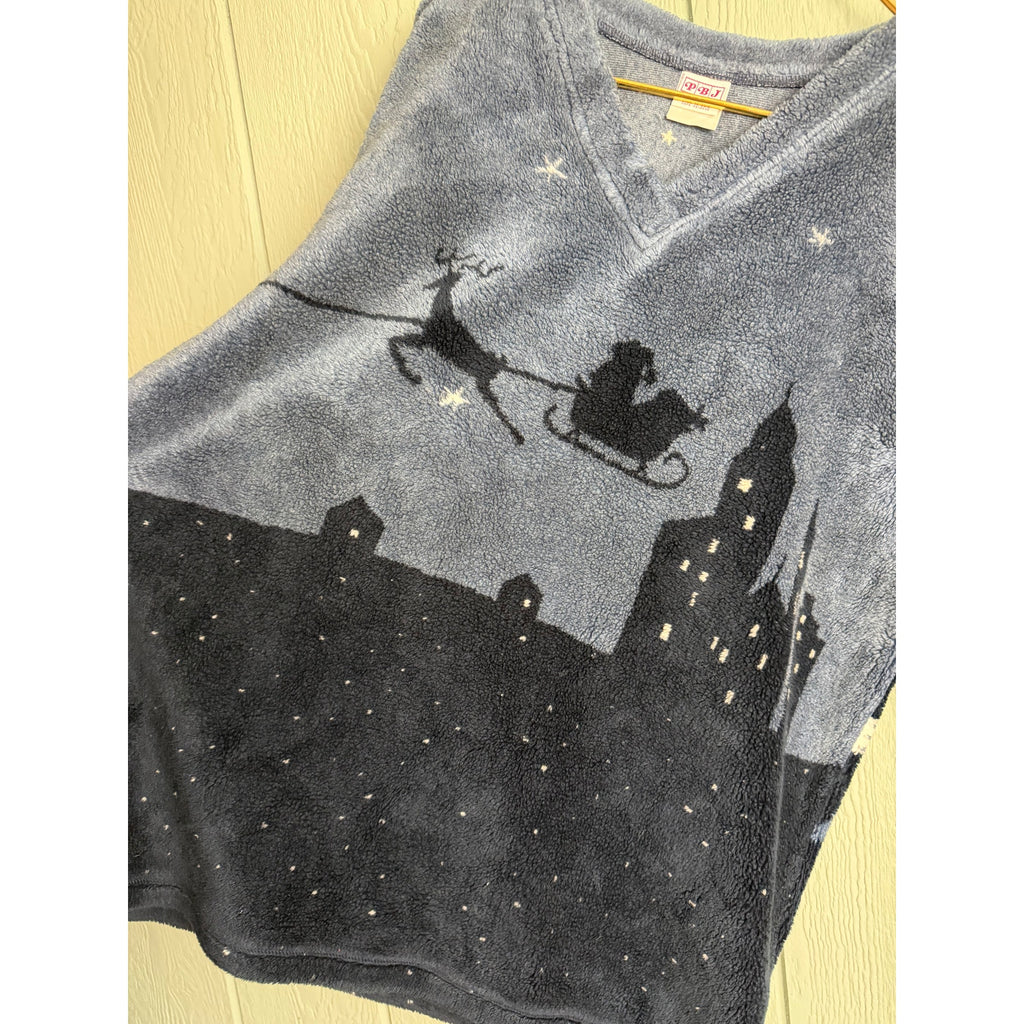 Vintage PBJ Sport Fleece Christmas Sweater Night Sky Scene Cozy V-Neck USA – M/L