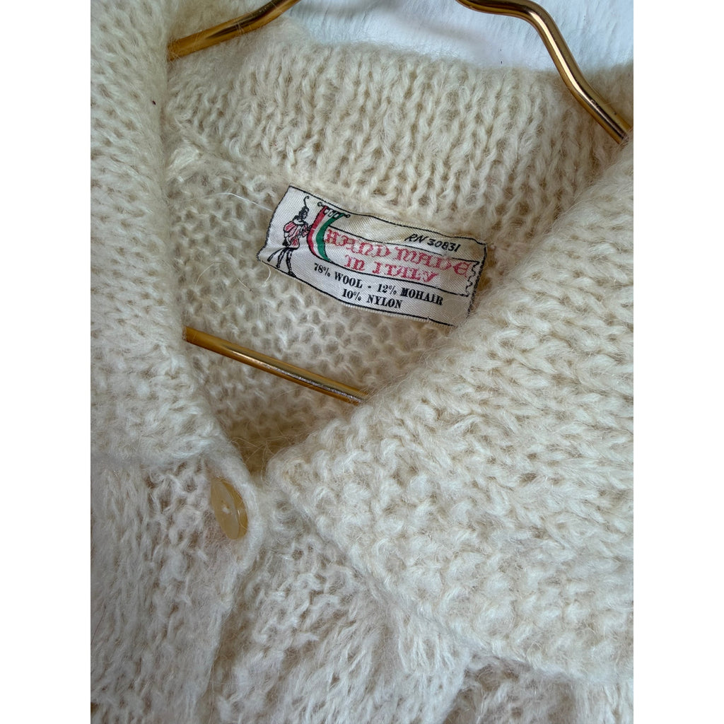 Vintage 70s Hand Made in Italy Wool Mohair Cable Knit Cardigan Sweater Ivory