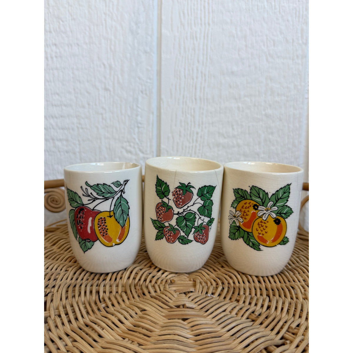 Vintage Ceramic Fruit Cups Set of 3 Strawberry Orange Apple Cottage Kitchen