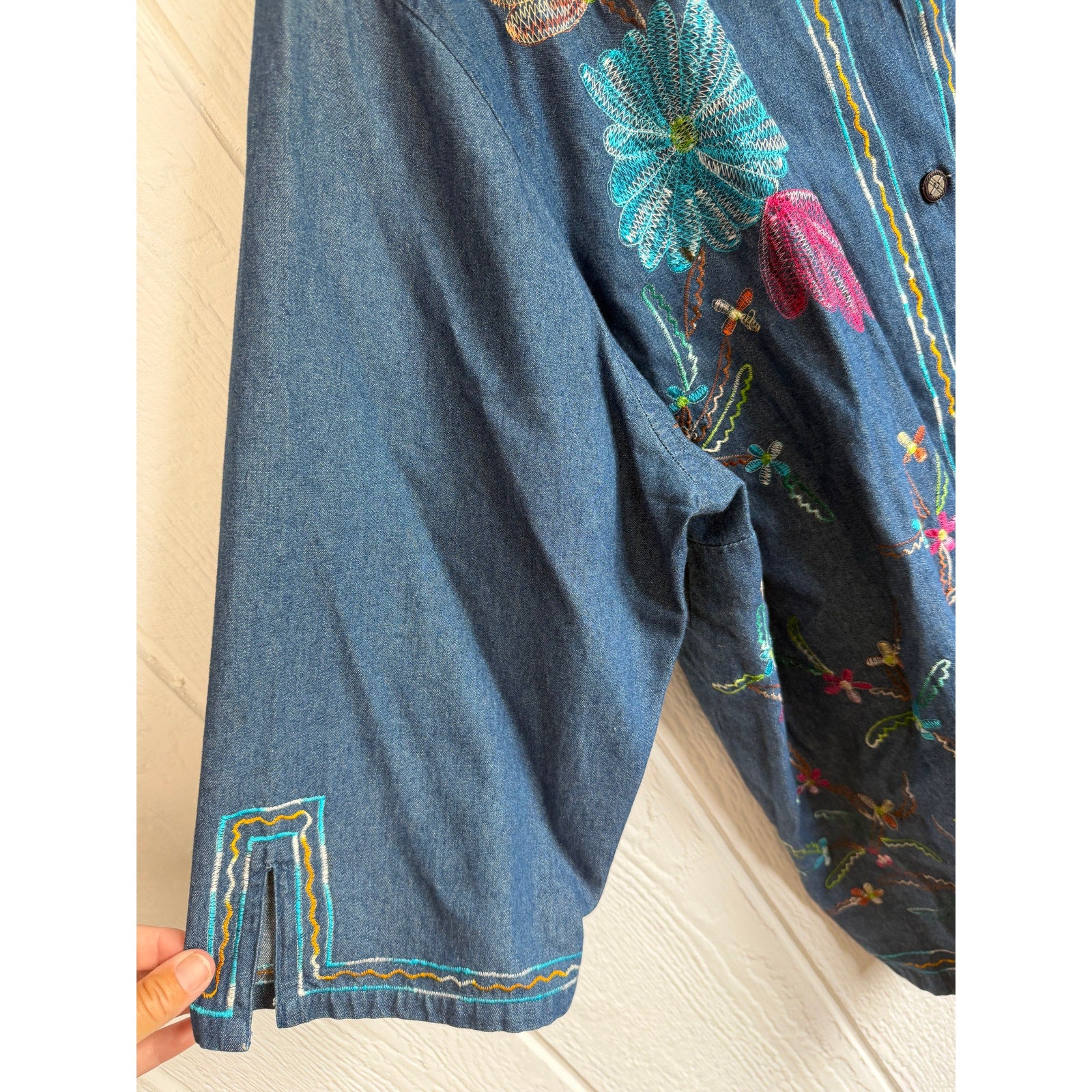 Liz & Me 3X Embroidered Denim Button Up Tunic Floral Boho Cottagecore Plus