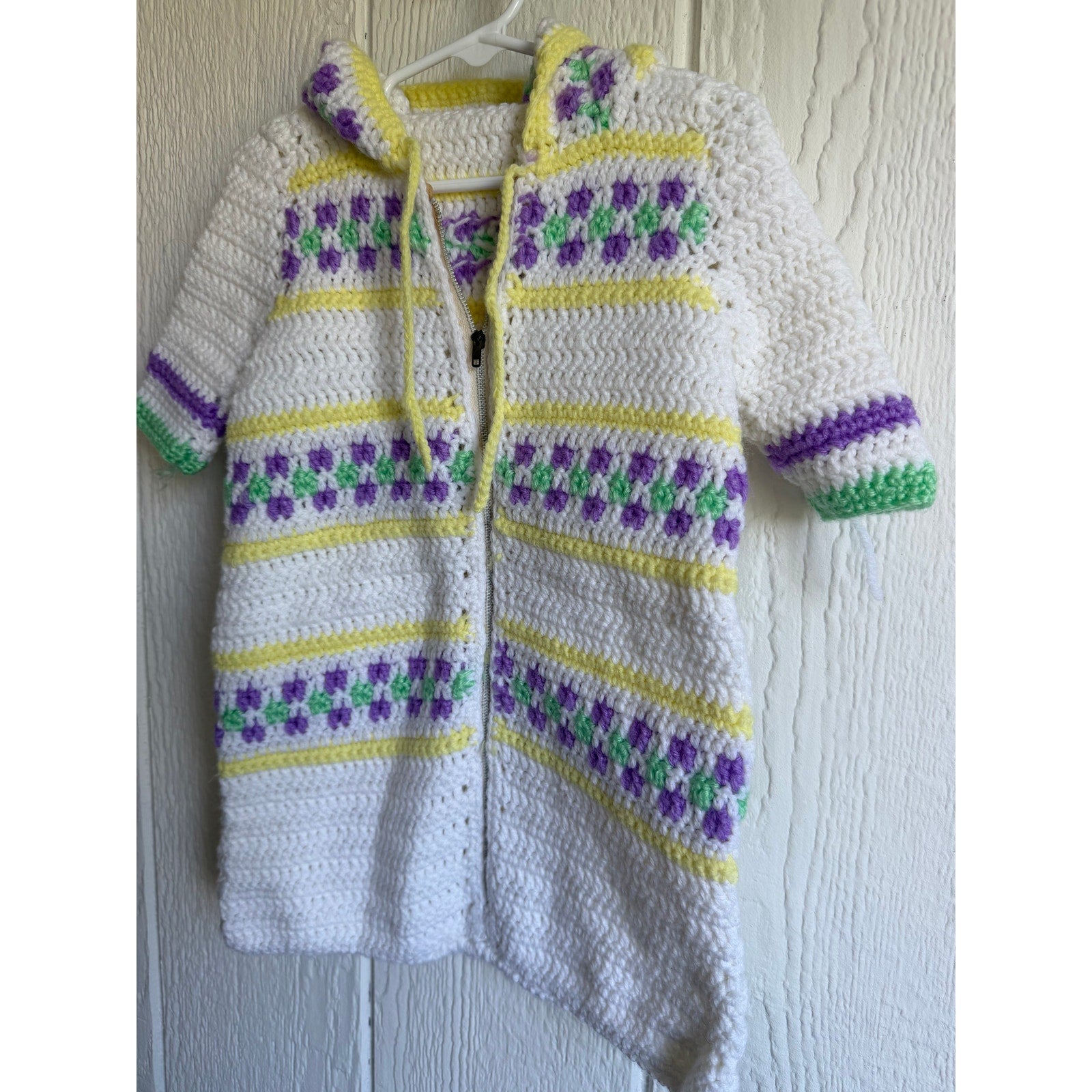 Vintage Handmade Crochet Hooded Sweater Coat Children's Zip Front
