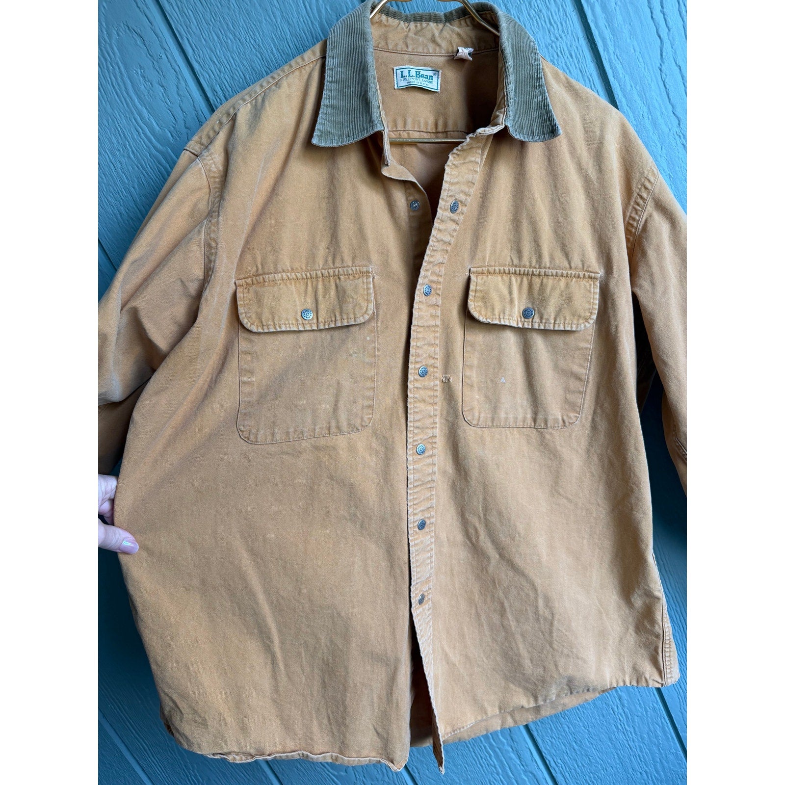 Vintage L.L.Bean Canvas Chore Shirt Jacket Tan Corduroy Collar USA Made 90s