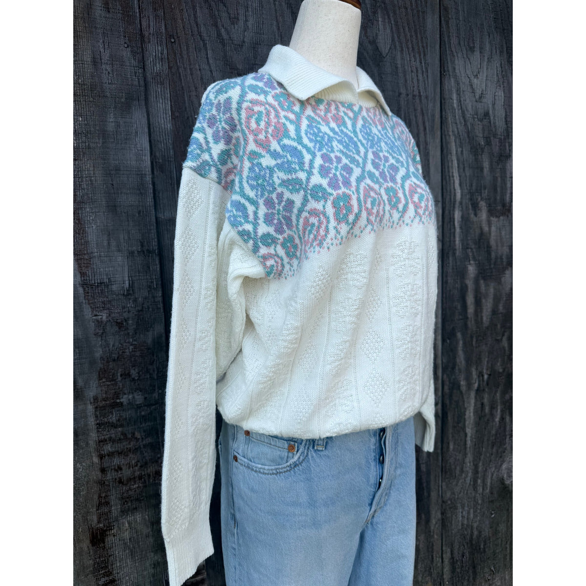 Vintage 80s Pastel Floral Knit Collared Sweater, Small