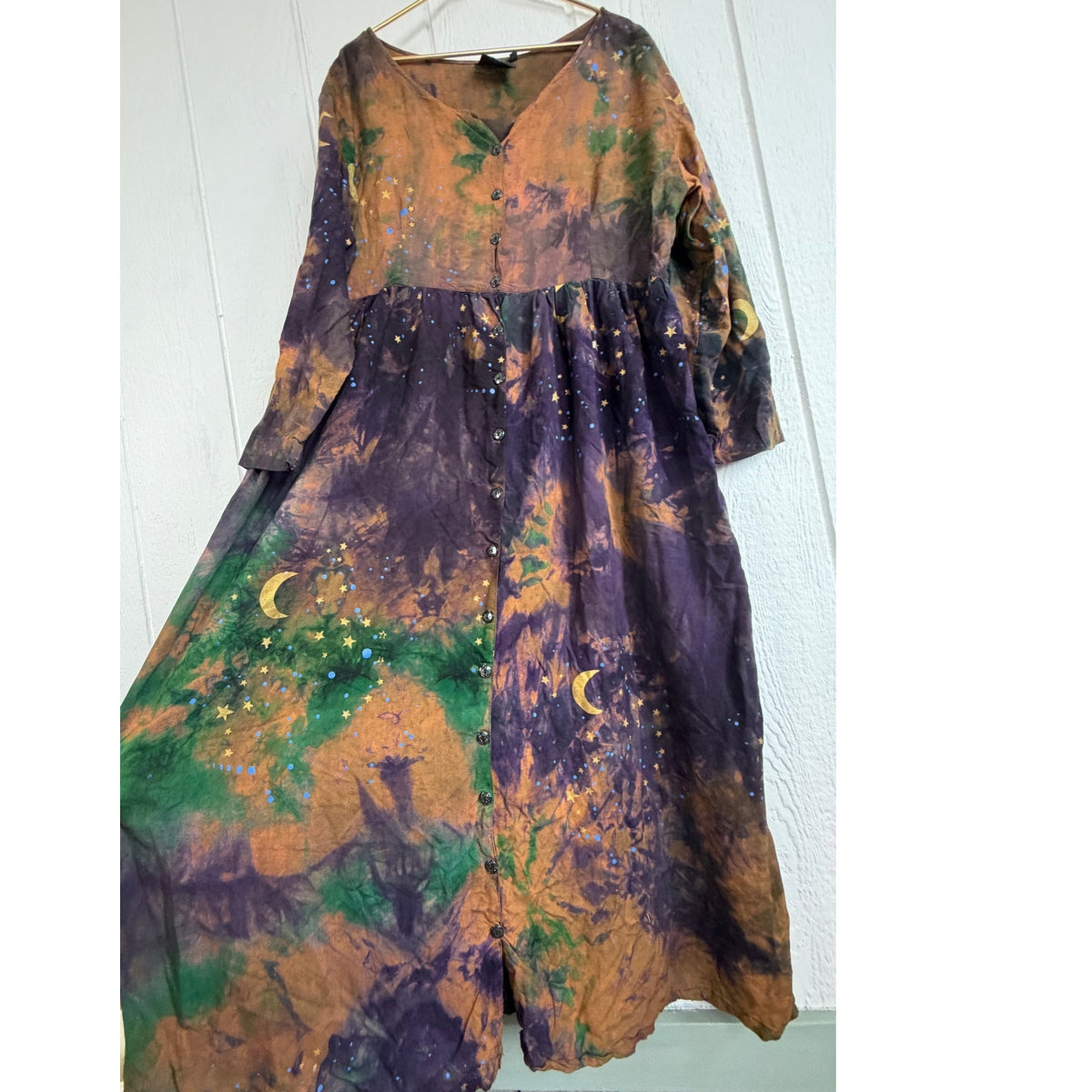 Vintage Celestial Moon Stars Tie Dye Maxi Dress L/XL Rayon Witchy Boho