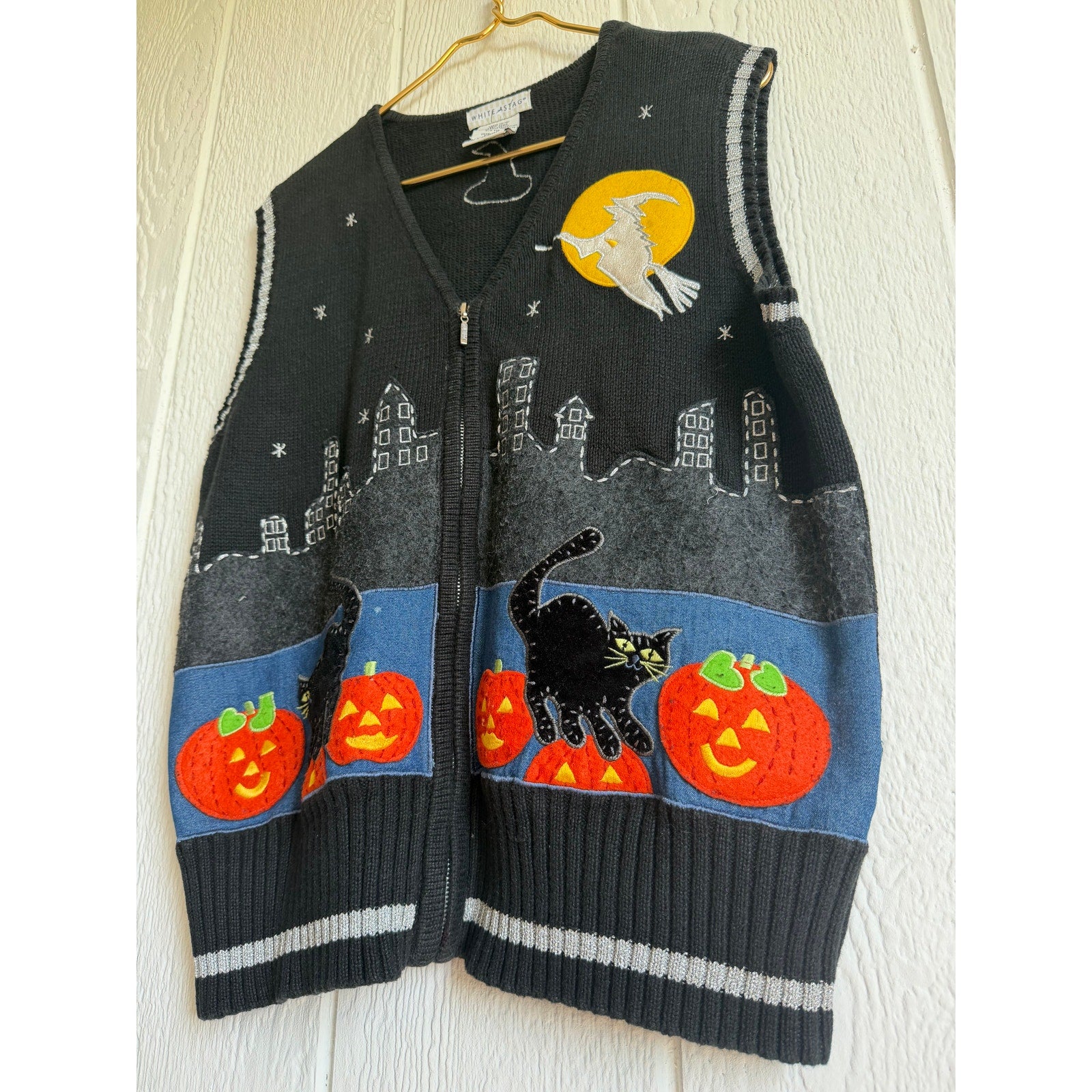 Vintage Embroidered Halloween Sweater Vest Zip Cats Pumpkins Witch Moon LG