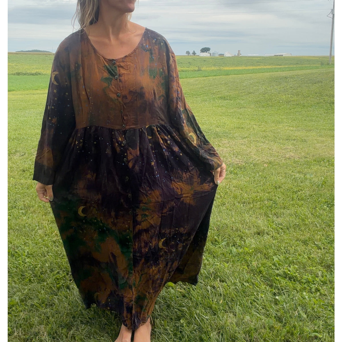 Vintage Celestial Moon Stars Tie Dye Maxi Dress L/XL Rayon Witchy Boho