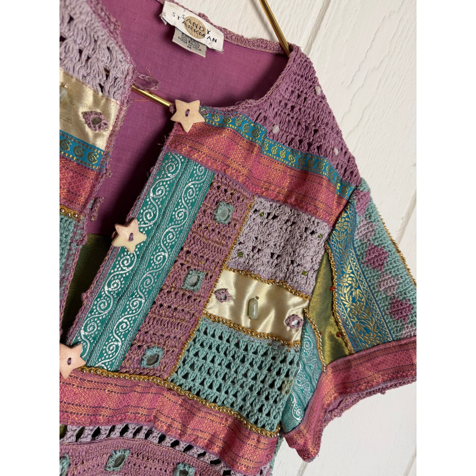 Vintage Sandy Starkman Patchwork Crochet Jacket Embellished Button Front Size M