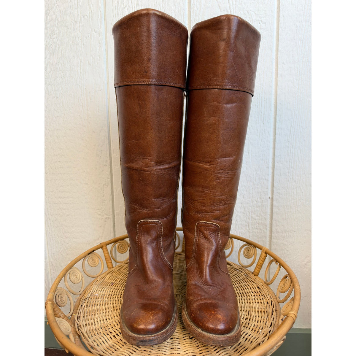Vintage Frye Campus Style Tall Leather Boots Brown Cognac USA 8.5 Women's