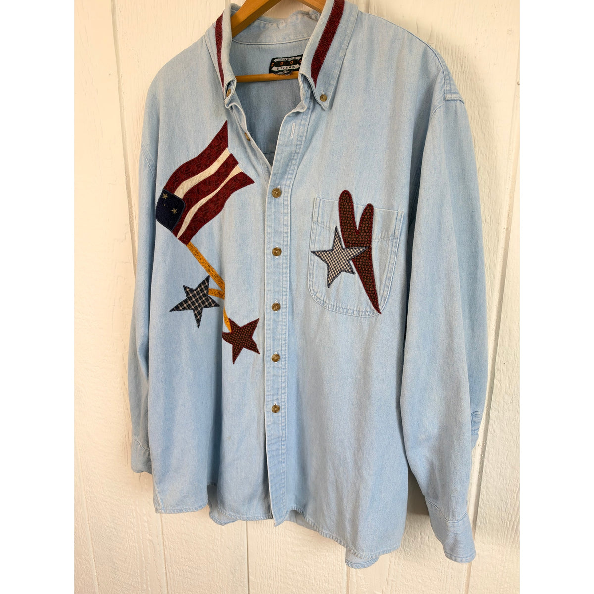 Vintage 90s Three Rivers 2000 Denim Shirt Patriotic Flag Star Applique XL