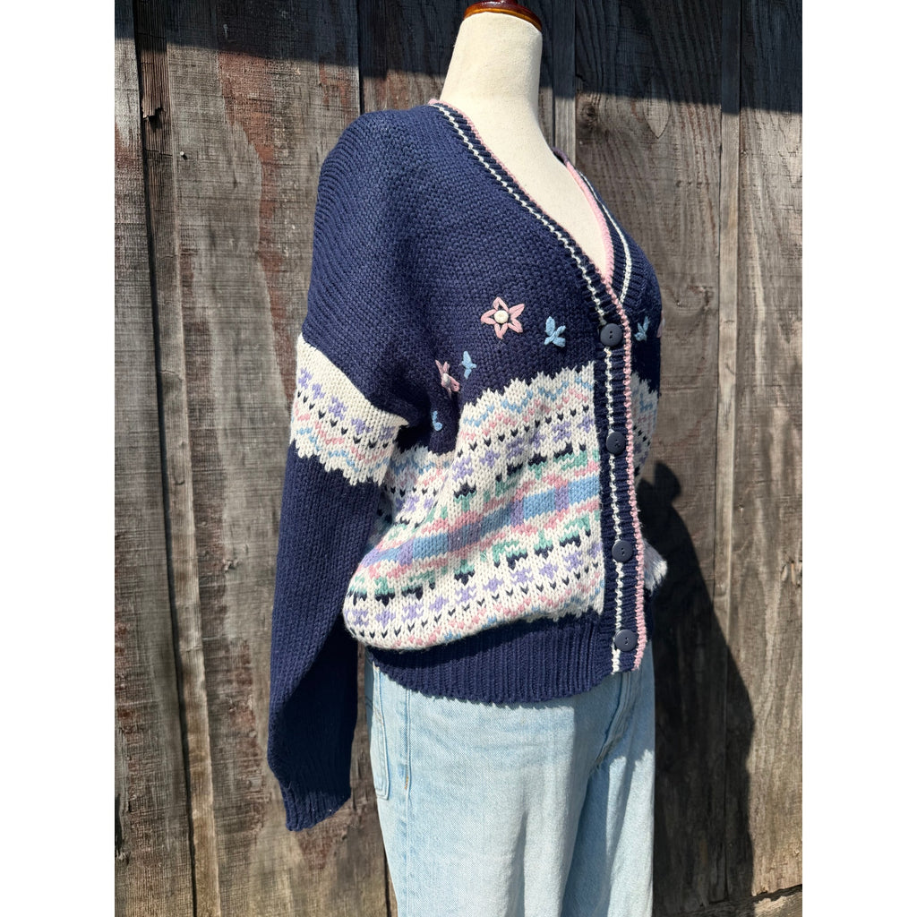 Vintage 90s Floral Knit Fair Isle Cardigan Small