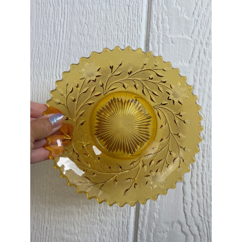 Vintage Amber Glass Footed Serving Bowl Scalloped Edge Floral Pressed Glass