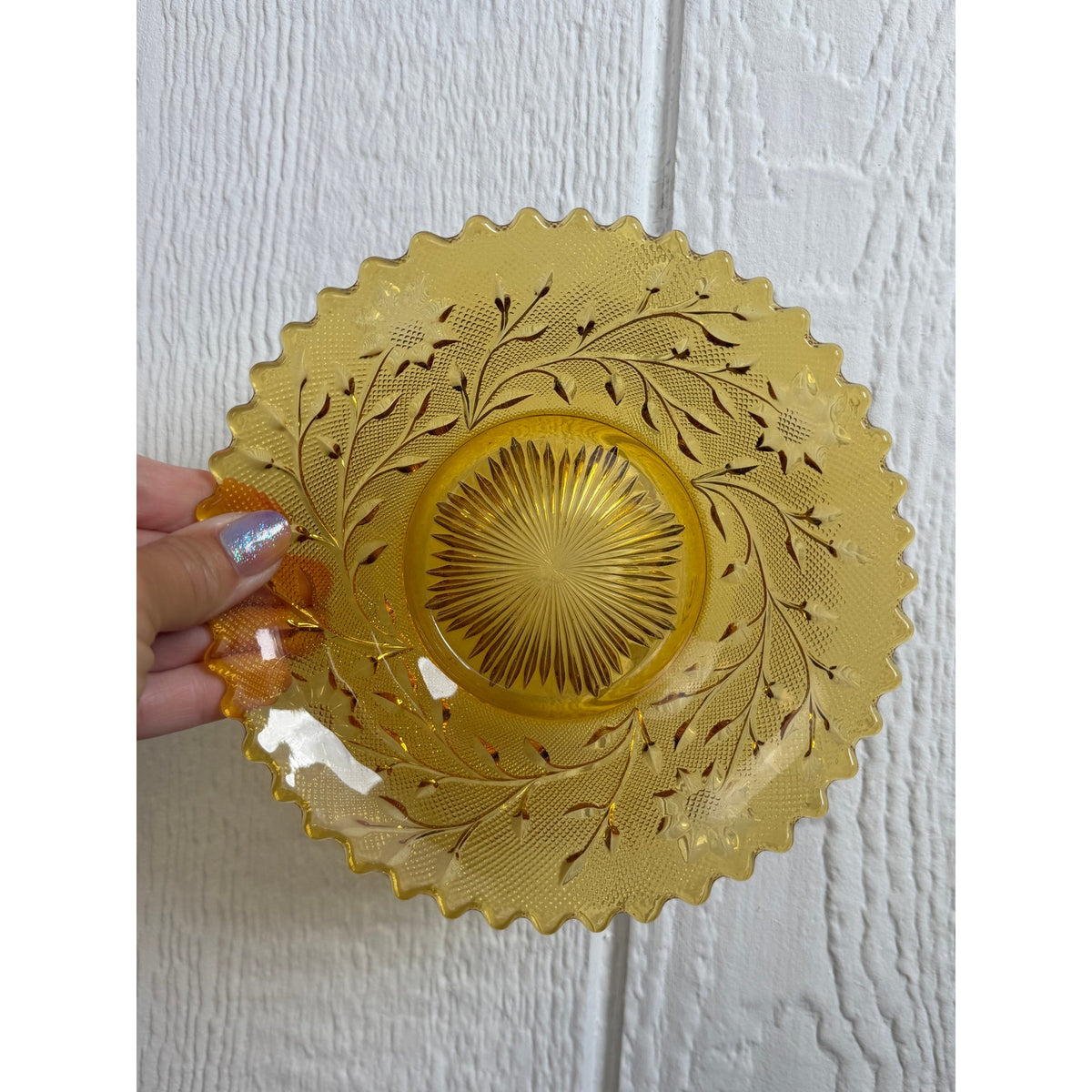 Vintage Amber Glass Footed Serving Bowl Scalloped Edge Floral Pressed Glass