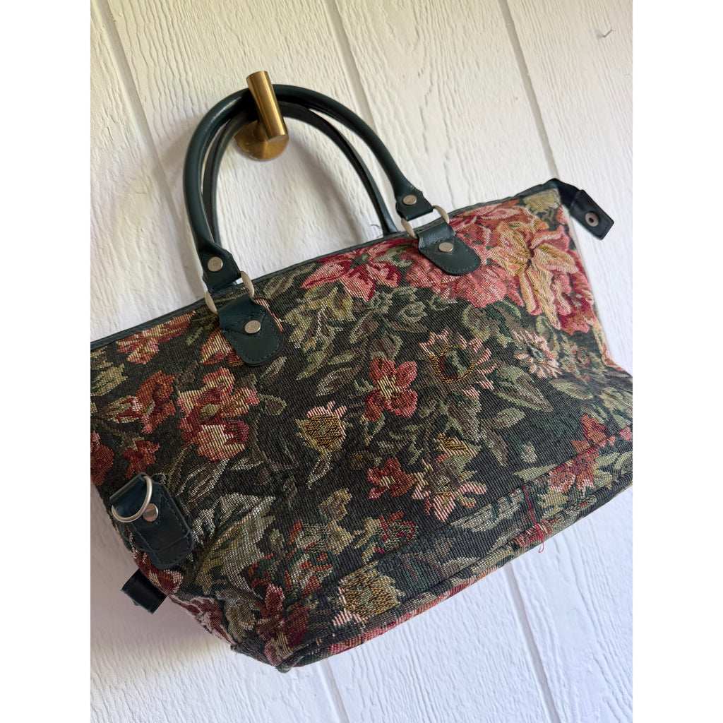 Vintage American Flyer Floral Tapestry Carpet Bag Weekender Duffel Travel Bag