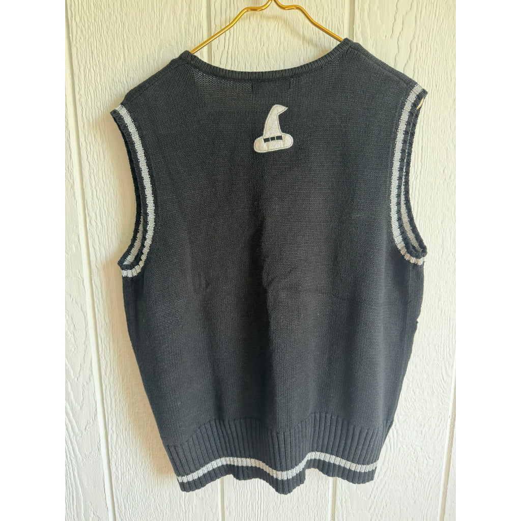 Vintage Embroidered Halloween Sweater Vest Zip Cats Pumpkins Witch Moon LG