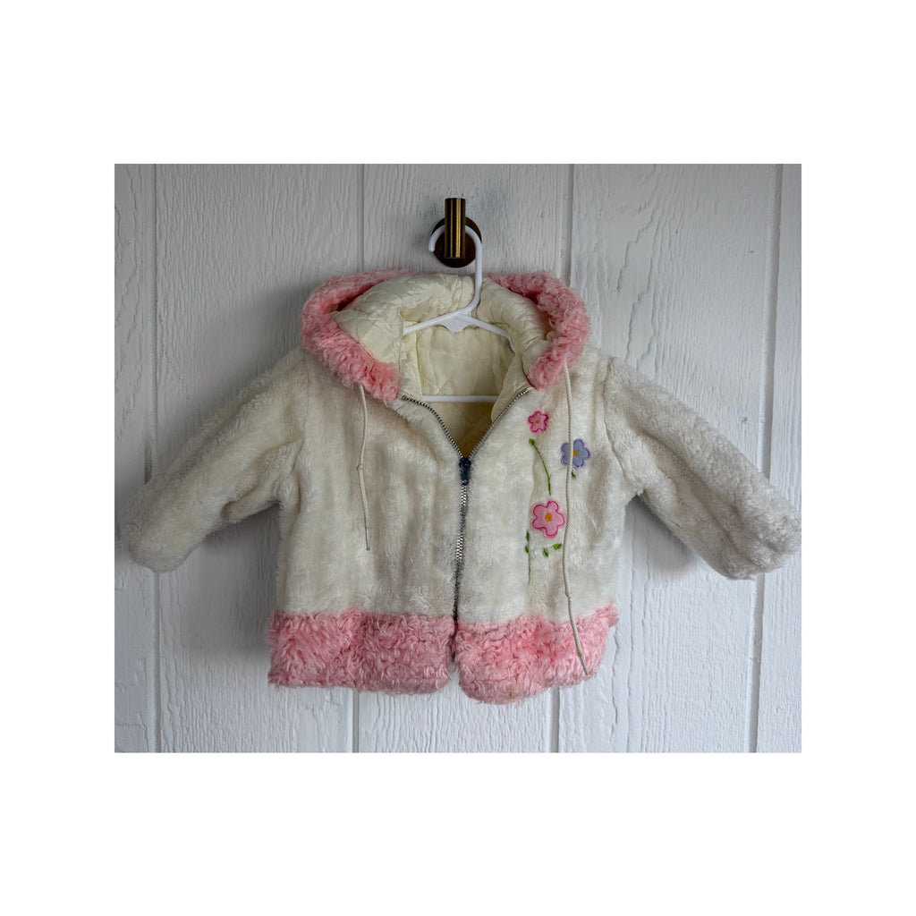 Y2K Girls Faux Fur Hooded Jacket Pink White Floral Fairycore Coat