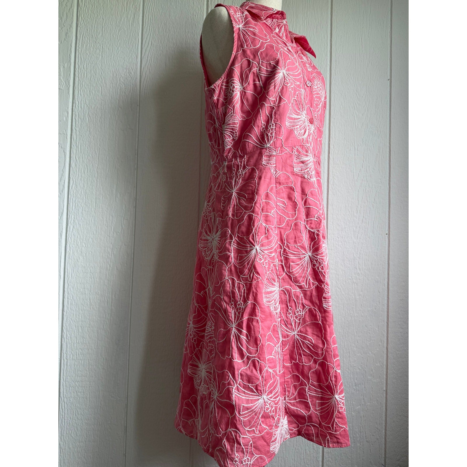 Vintage Liz & Co Pink Floral Embroidered Sleeveless Shirt Dress Size 10