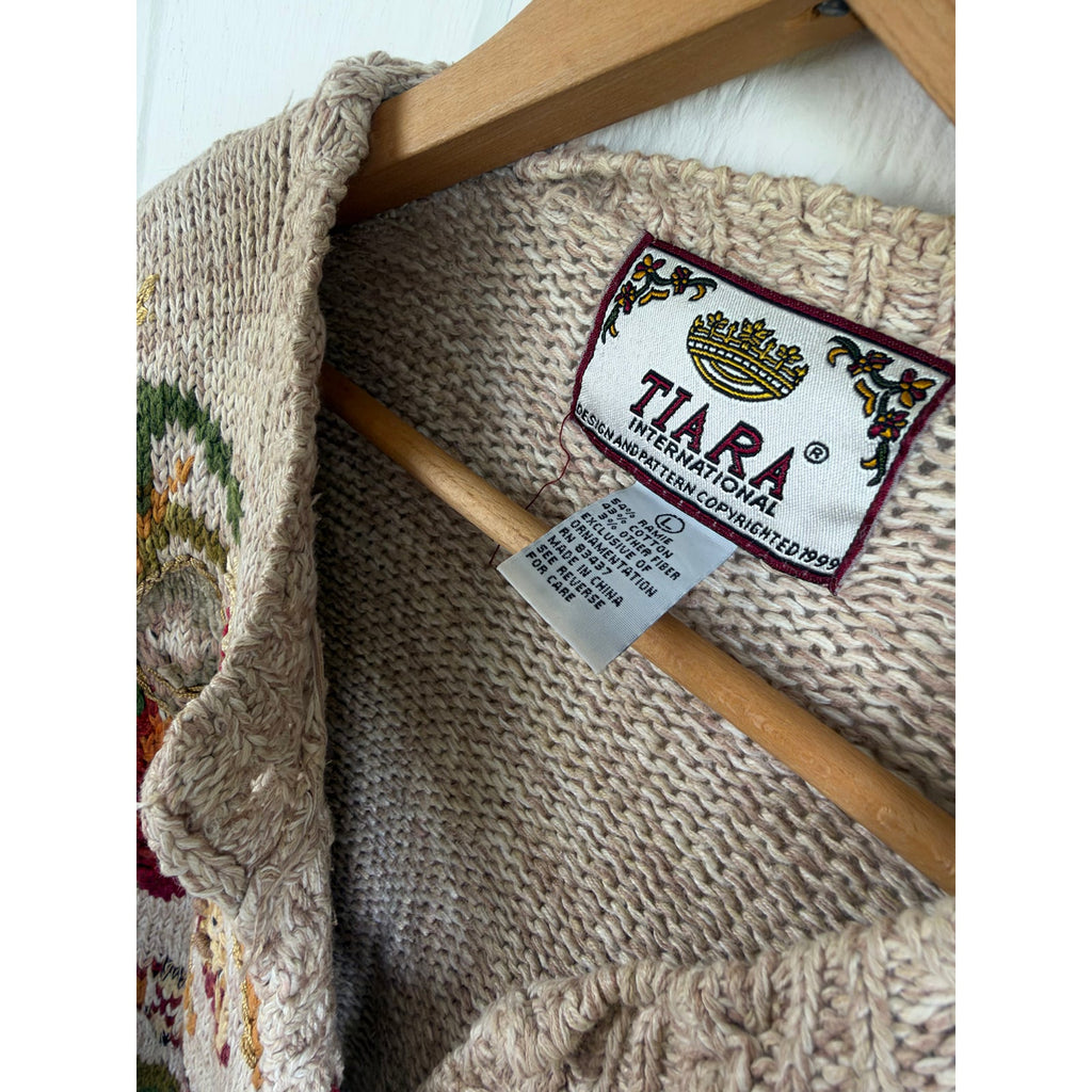 Vintage 90s Tiara International Chunky Knit Cottage Sweater Fall Scenic Large