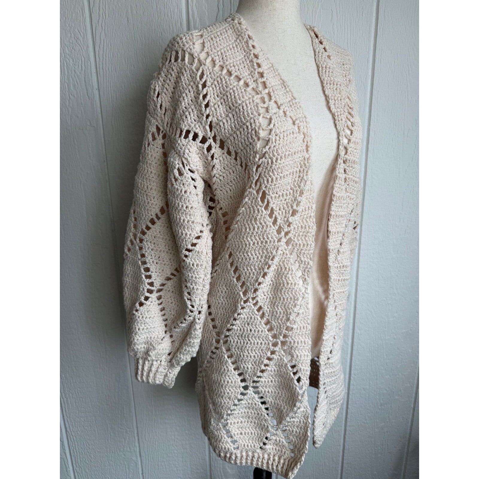 Vintage Hand Crochet Boho Cardigan Cream Open Knit Balloon Sleeve